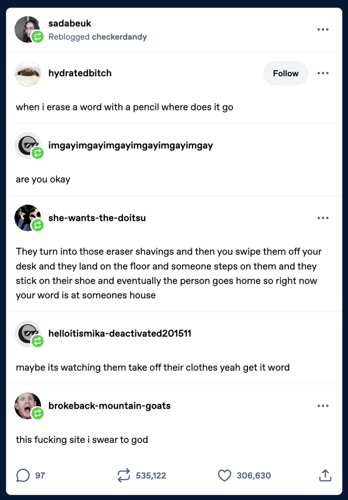 A Tumblr post exchange: 

sadabeuk
Reblogged checkerdandy
hydratedbitch:

when i erase a word with a pencil where does it go

imgayimgayimgayimgayimgayimgay

are you okay

she-wants-the-doitsu:

They turn into those eraser shavings and then you swipe them off your desk and they land on the floor and someone steps on them and they stick on their shoe and eventually the person goes home so right now your word is at someones house

helloitismika-deactivated201511:
maybe its watching them take off their clothes yeah get it word

brokeback-mountain-goats:
this fucking site i swear to god 